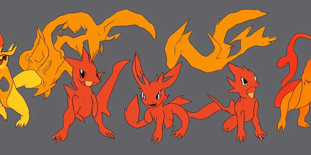 Prompt: A three fases, fire type, initial pokemon for the 10th generation, 4k, digital art