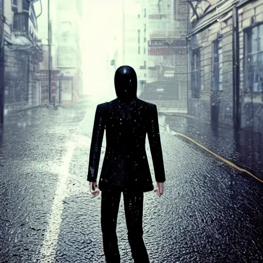 Prompt: aesthetic, 1 7 - year - old wearing black suit and a black killer mask, in rainy, dark streets, hyper detailed 3 d render by unreal engine.