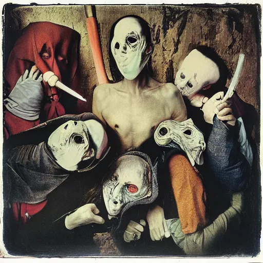 Image similar to 1 9 9 3 disposable camera color flash photo of a gang of plague doctors in the style of jan saudek, annie liebovitz, pieter bruegel the elder, joel peter witkin, gustave dore, heironymus bosch