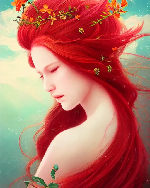 Image similar to the goddess of summer, with lotus on her head, red hair, half - length head portrait, dreamy, beautiful, by wlop