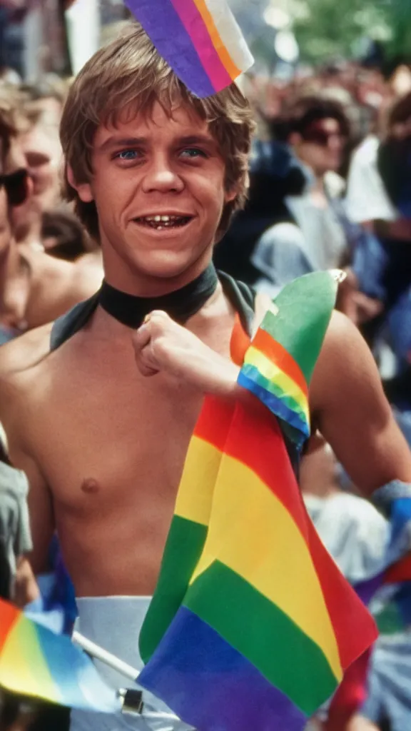 Image similar to rotj luke skywalker goes to pride, getty images, victorious, flags, parade, gay rights, bright smiles, daylight, twenty three year old luke skywalker at gay pride, 3 5 mm photography, very happy, smiling