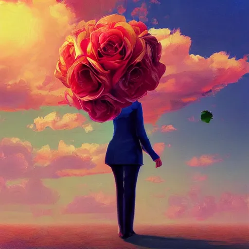 Image similar to closeup, giant rose flower head, portrait, girl in a suit, surreal photography, sunrise, blue sky, dramatic light, impressionist painting, digital painting, artstation, simon stalenhag