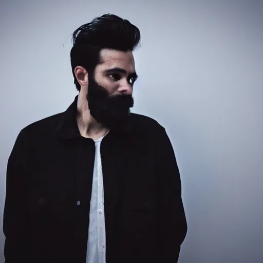 Image similar to a man with black hair and beard, wearing a black jacket, white shirt and jeans, standing in the middle of a dimly lit room, vivid colors, soft lighting, atmospheric, cinematic, moody, oil on canvas, 8 k