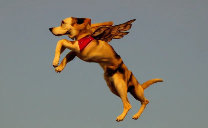 Prompt: dog with wings flying through the sky