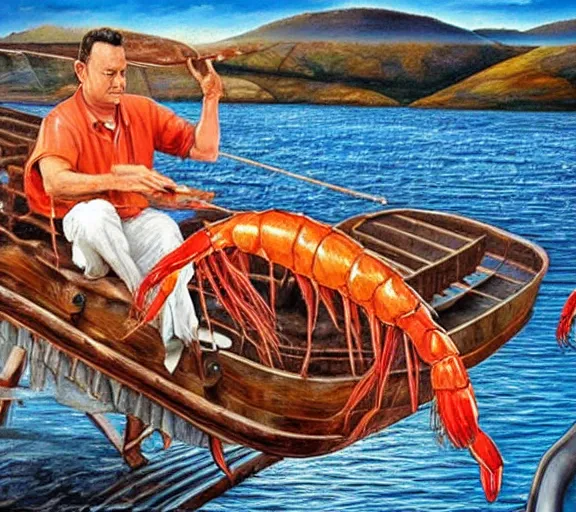 Prompt: Tom hanks as forrest fishing for shrimp in a giant shrimp boat, majestic beautiful world, surrealism painting, amazing detail