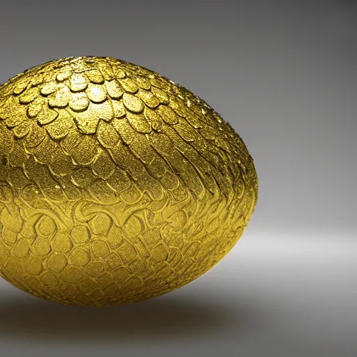 Prompt: glowing metallic dragon scale egg sitting on a nest of gold objects, photorealistic, symmetrical, unreal engine