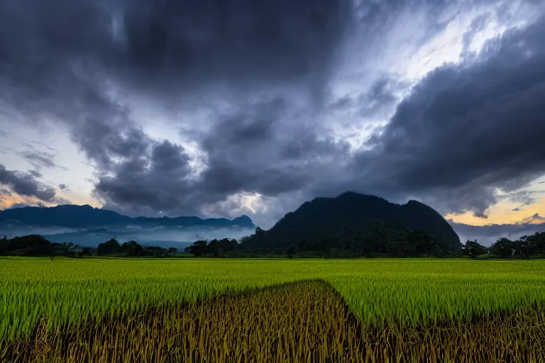 Image similar to a beautiful landscape photography of Gunung Jerai, Yan, Malaysia with a paddy field, dramatic sky, 500px, cinematic lighting, wide angle,sunrise, award winning, 8K photo realism