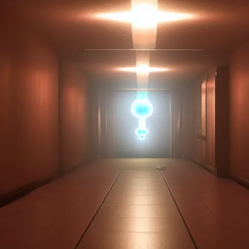 Prompt: strange fractal object floating in the middle of a hallway, glowing in the dark
