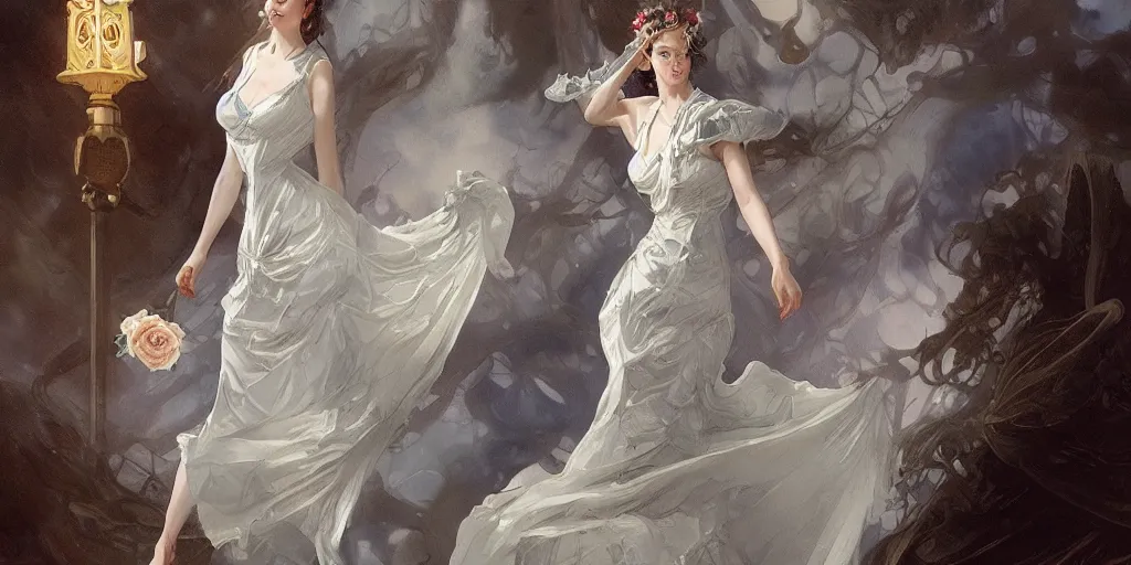 Image similar to lady dressed in a vaporous wrapped large victorian cream roses silk semi-transparent blue and cream dress fashion is running D&D, fantasy, intricate, elegant, highly detailed, digital painting, artstation, concept art, matte, sharp focus, illustration, art by Artgerm and Greg Rutkowski and Alphonse Mucha