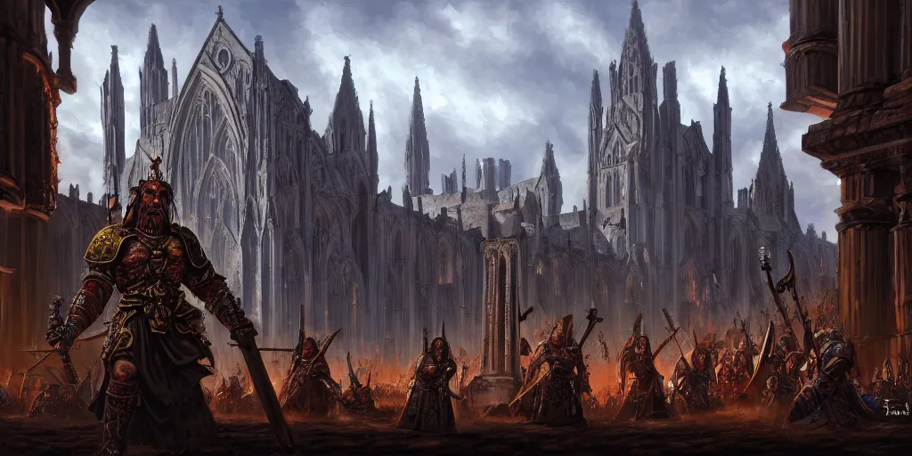 Image similar to highly detailed portrait painting of an ancient argardian gods battle, abbey warhammer battle, old abbey in the background, cathedrals, long giant columns, by eddie mendoza and tyler edlin, 8 k resolution