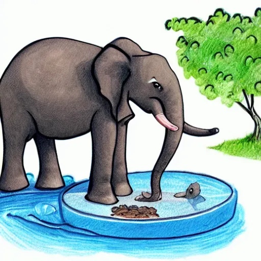 Prompt: a cartoon picture of a baby elephant drinking from a pond, a child's drawing by stan and jan berenstain, pixiv, furry art, childs drawing, furaffinity, storybook illustratio, digital art, professional, high quality, detailed n