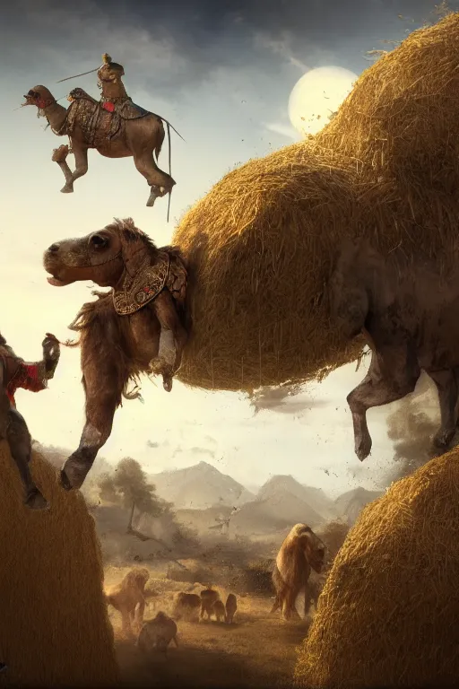 Image similar to ezio audotire plunging from the sky into a haystack, background with some dromedaries, digital art, trending on artstation