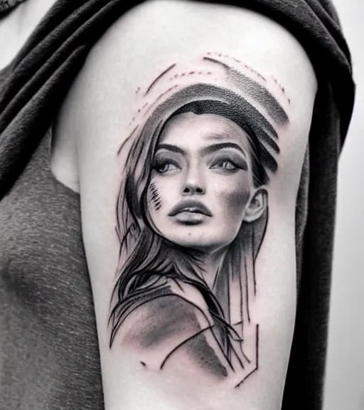 Image similar to tattoo design sketch of an extremely beautiful woman face with a stunning mountain view faded background on her side, hyper - realistic, double exposure, in the style of matteo pasqualin, amazing detail, black and white, faded