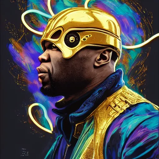 Image similar to 5 0 cent wearing a laughing golden armor, digital illustration by ruan jia on artstation, outlined by whirling illuminated neon lines and fine lines swirling in circles by jesper ejsing and rhads and makoto and shinkai and lois van baarle, digital art, trending on artstation - h 8 3 2