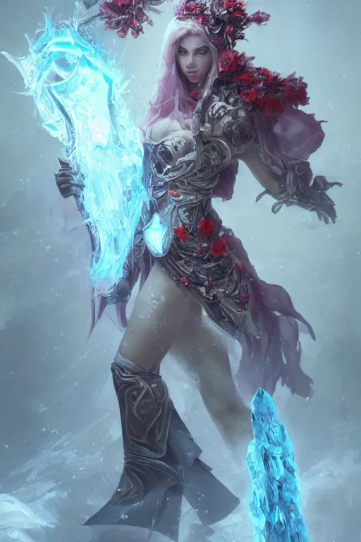 Image similar to beautiful girl necromancer covered with ice exploding into blood, practical armor, heroes of the storm, 3 d render, hyper realistic detailed portrait, holding magic flowers, ruan jia, wlop. scifi, fantasy, hyper detailed, octane render, concept art, peter mohrbacher