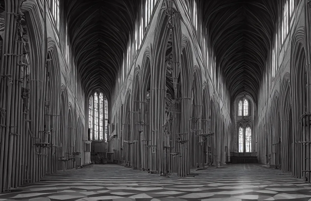 Image similar to in this church interior, vertical lines suggest spirituality, rising beyond human reach toward the heavens. low polygon count cloister quadrangle intact flawless ambrotype from 4 k criterion collection remastered cinematography gory horror film, ominous lighting, evil theme wow photo realistic postprocessing magic painting by rob gonsalves directed by kurosawa