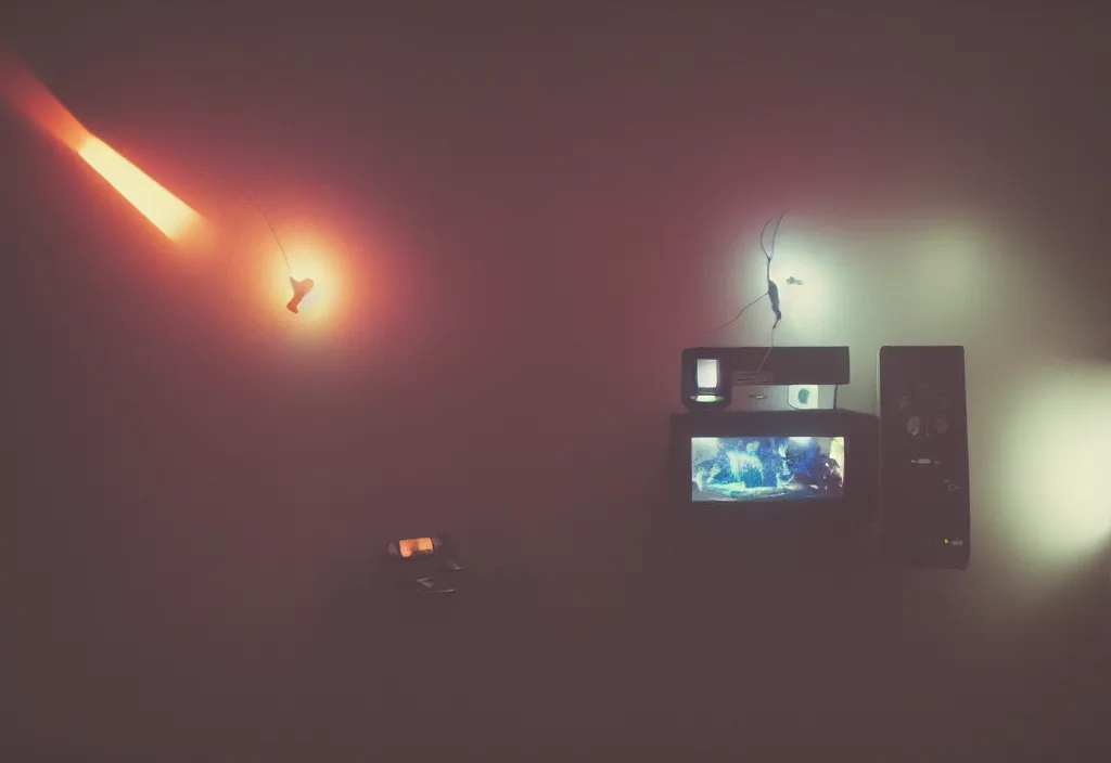 Image similar to dragon popping out of tv, volumetric lighting, bedroom, visor, users, pair of keycards on table, bokeh, creterion collection, shot on 7 0 mm, instax