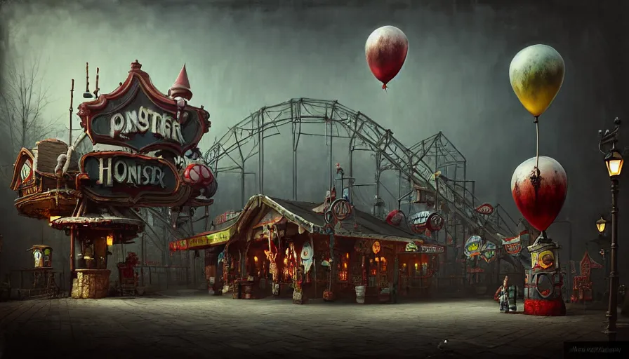 Image similar to michal karcz grunge painting of an amusement park, monster and horror theme. A monster is selling balloons to children. detailed elegant, intricate, 4k,