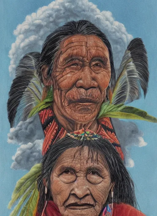 Image similar to portrait of an indigenous amazonian grandfather and grandmother in the clouds, smiling, protection, benevolence, ancestors, detailed faces, art by artgem