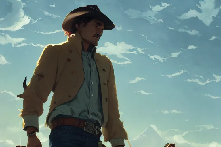 Prompt: old pedro pascal as a cowboy, single subject, mountaineous background, scenic full shot, ambient lighting, detailed face, by makoto shinkai, stanley artgerm lau, wlop, rossdraws