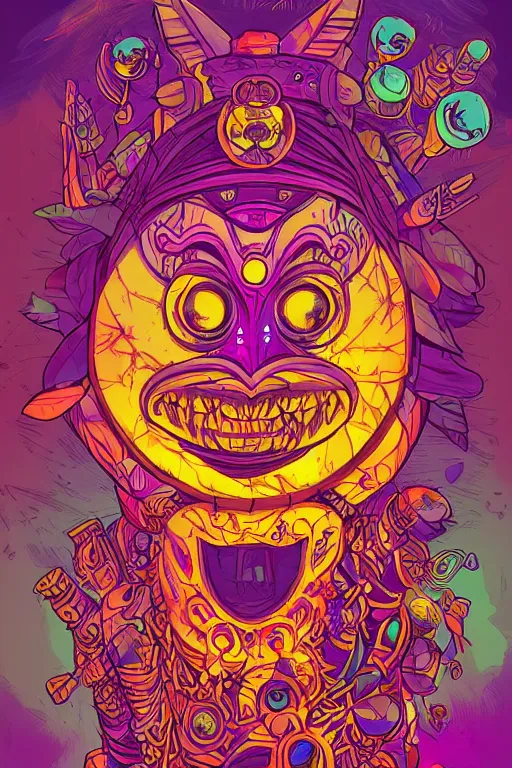 Prompt: totem majora's mask tribal feather gemstone plant wood rock shaman vodoo video game vector illustration vivid color borderlands by josan gonzales and dan mumford radiating a glowing aura