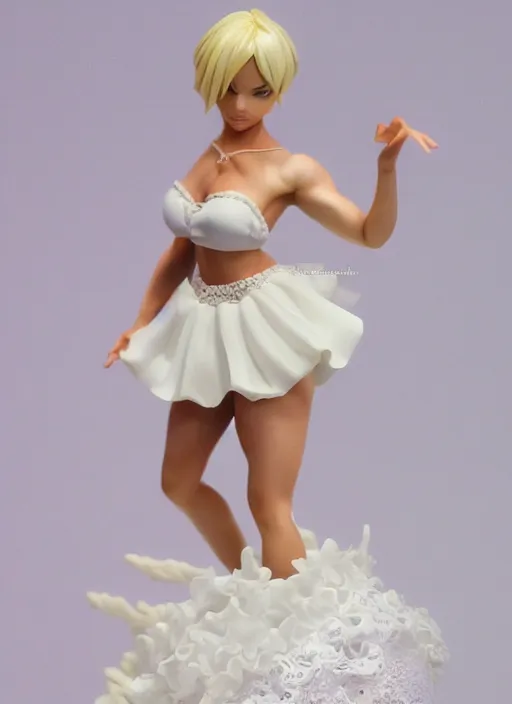 Image similar to Product Introduction Photos, 4K, Full body, 80mm resin detailed miniature of a very muscular lady in White and short lacy ruffled skirt, dark skin, Blonde hair