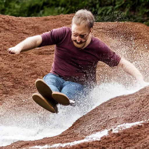 Image similar to a man sliding through brown pudding