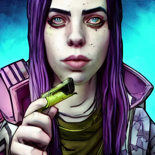 Image similar to billie eilish portrait, borderlands, tales from the borderlands, the wolf among us, comic, cinematic lighting, studio quality, 8 k