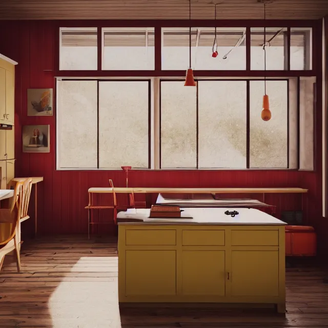 Image similar to kitchen interior in a wooden a frame cabin, yellow cabinets and white walls, red vintage fridge, large window in back, leather couch, realistic, unreal engine render, octane render, hyper realistic, photo, 8 k