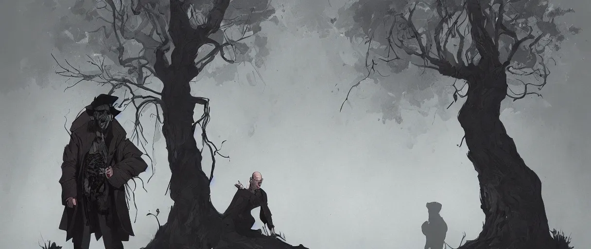 Prompt: duotone comic noir illustration portrait of gaunter o'dimm bald man with a demonic stare from hearts of stone sitting below a willow tree in a foggy evening by sachin teng and sergey kolesov and ruan jia and heng z. graffiti art, scifi, fantasy, hyper detailed. octane render. concept art. trending on artstation