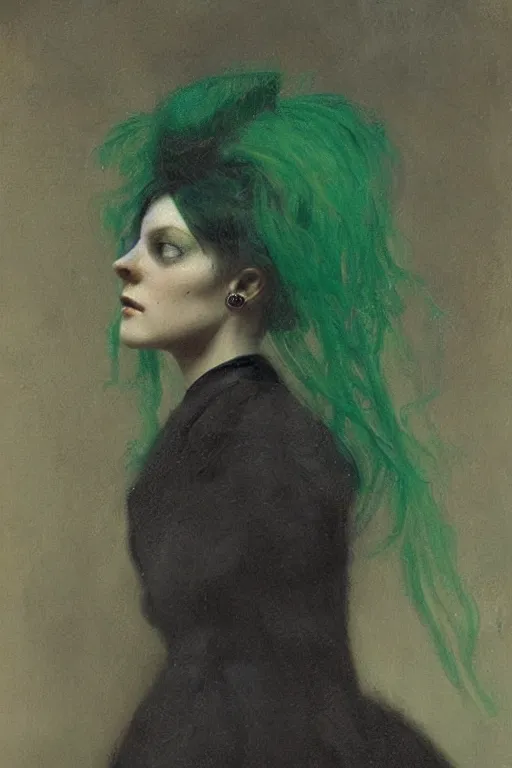 Image similar to creepy portrait of a beautiful sad victorian woman with green hair by denis forkas kostromitin