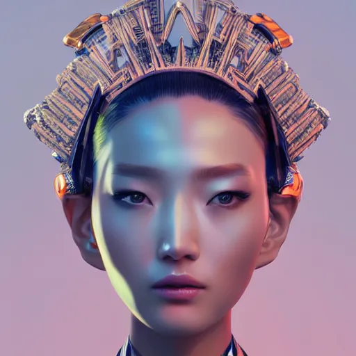 Prompt: portrait of an alien princess, style of Feng Zhu, Artstation geometric, aesthetic, smooth skin, unique features, symmetrical, intricate crown, high fashion, streetwear, cyberpunk, detailed, octane render, cinematic, 8k, opalescent skin,