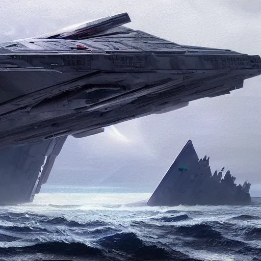 Prompt: star wars concept art by greg rutkowski, a palatial and imposing spaceship imperial star destroyer emerging from the sea in the middle of a ocean landscape, enigmatic atmosphere, beautiful and cinematic lighting, artstation hq.