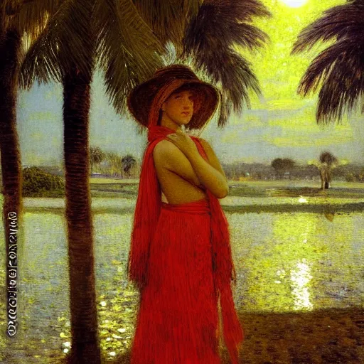 Image similar to a ultradetailed beautiful painting of a girl at night on the amazonas palace by jules bastien - lepage, hans belmer, frank weston and gustave baumann, trending on artstation, mediterranean, palm trees, light sparkles, sharp focus, soft light