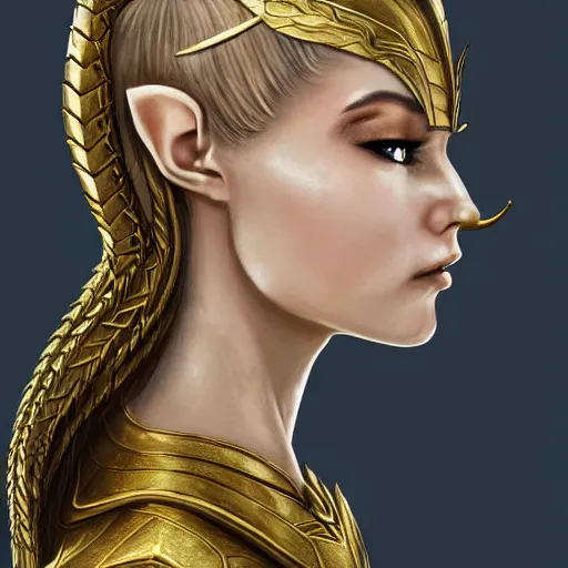 Image similar to side portrait!!! of a female elven warrior, fantasy, head tilted down, hair in the wind, gold armour, gold jewelry, white skin, detailed face!!!!!, trending on artstation, gsociety, D&D, elegant, symmetrical facial features, highly detailed, sophisticated, hyperrealistic, detailed painting, smooth, sharp focus, upper body, intricate, rule of thirds, holy glow, backlit, hd 4k by Greg Rutkowski, Charlie Bowater, Karol Bak