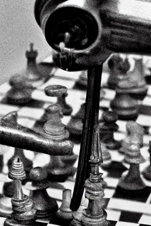 Prompt: a close-up portrait of Marcel Duchamp's industrial chess-piece-building machine in the style of Hito Steyerl and Shinya Tsukamoto and Irving Penn and Robert Frank, minimal contraption