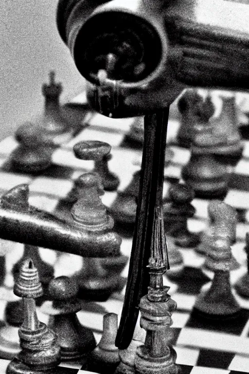 Image similar to a close-up portrait of Marcel Duchamp's industrial chess-piece-building machine in the style of Hito Steyerl and Shinya Tsukamoto and Irving Penn and Robert Frank, minimal contraption