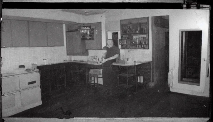 Image similar to a headless man in a stalinist style kitchen, by mini dv camera, very very low quality, heavy grain, very blurry, accidental flash, webcam footage, found footage, security cam, caught on trail cam