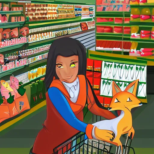 Prompt: Fox humanoid shopping for groceries by Kitsune