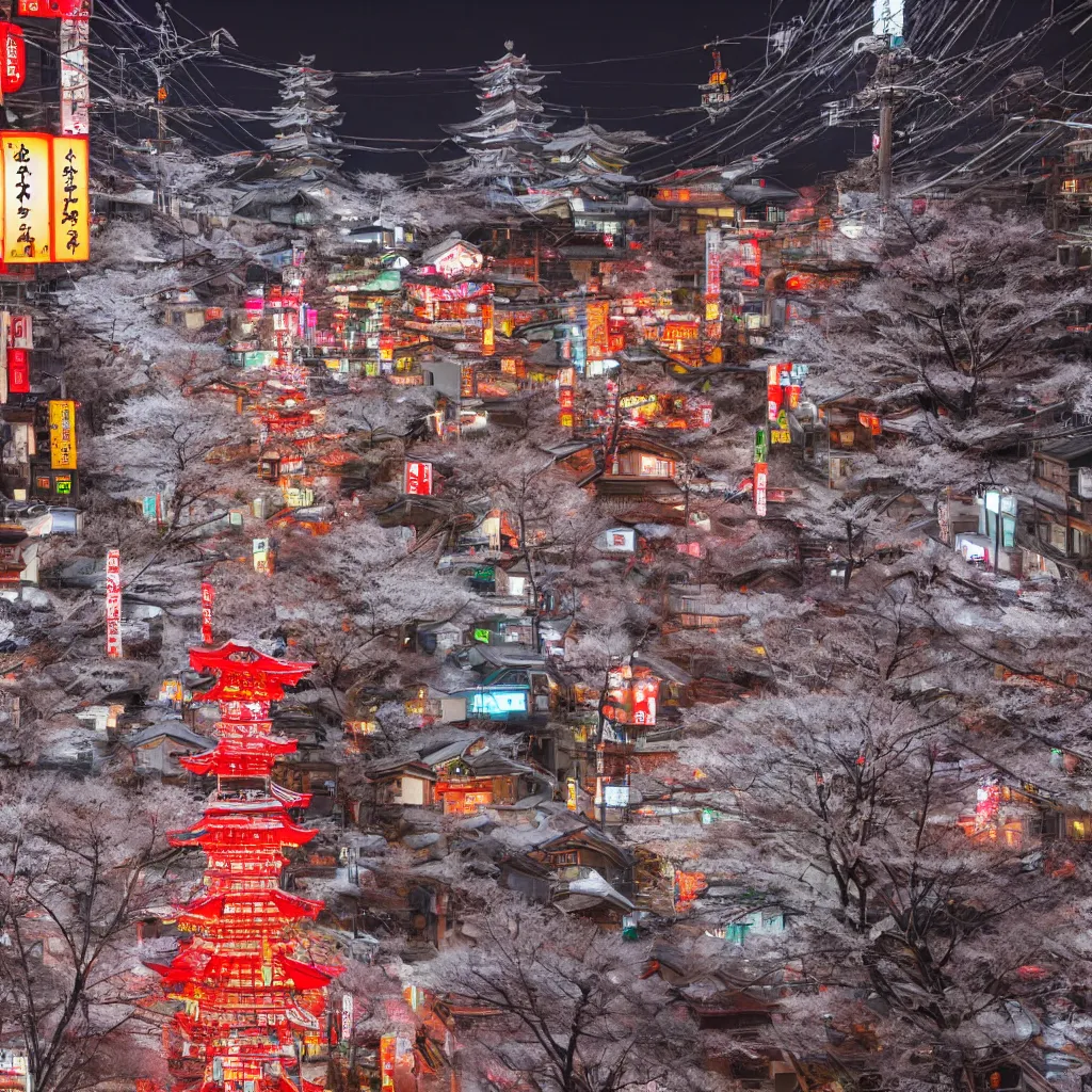 Image similar to a Japanese cyberpunk shrine, snowing, photograph,, sharp focus, intricate detail, drone shot, high resolution, 8k, neon streetlights, wires hanging down everywhere, Japan, colourful,,