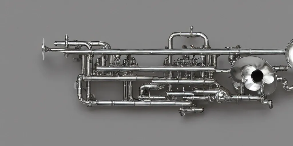 Prompt: mechanical diagram of an electronic trumpet made of silver, bone, pvc and miscellany