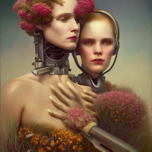 Prompt: a beautiful ultradetailed vintage photo of two angry cyborgs butting heads, by tom bagshaw and anna dittman, portrait, vignette, 5 0 mm lens, golden ratio composition, detailed faces, studio photography, very detailed, humanoids overgrown with flowers, industrial robots, artstation, 8 k, highly coherent
