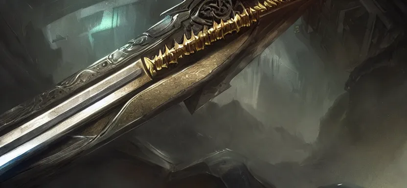 Image similar to legendary sword of cybernetic technology lying flat on a glowing table, digital award winning hd matte painting, intimate dark moody, intricate, long sharp black and iridescent blade, ornate spikes, colorful hilt, detailed realistic, raytraced blade, colored gems, golden pommel, in the style of greg rutkowski and krenz cushart, deviantart