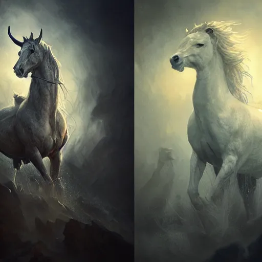 Image similar to Portraits based on the four horsemen of the apocalypse, intricate, epic, elegant, menacing, fantasy, highly detailed, digital painting, hard focus, beautiful volumetric lighting, epic light, ultra detailed, by Leesha Hannigan, Ross Tran, Thierry Doizon, Kai Carpenter,Ignacio Fernández Ríos