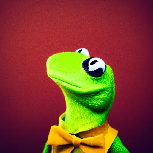 Image similar to portrait of kermit the frog, high fashion photography, looking strong, artistic, studio, coloured background, hippie, looking into the camera, cool, commercial, high quality, epic lighting, amazing, iconic