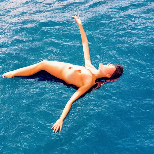 Image similar to a beautiful woman floating on her back in a clear mediterranean ocean,