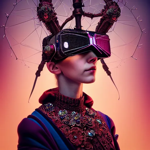 Image similar to Colour Caravaggio style Photography of Highly detailed beautiful Woman with 1000 years perfect face and wearing detailed Ukrainian folk costume designed by Taras Shevchenko also wearing highly detailed futuristic VR headset designed by Josan Gonzalez. Many details In style of Josan Gonzalez and Mike Winkelmann and andgreg rutkowski and alphonse muchaand and Caspar David Friedrich and Stephen Hickman and James Gurney and Hiromasa Ogura. Rendered in Blender and Octane Render volumetric natural light