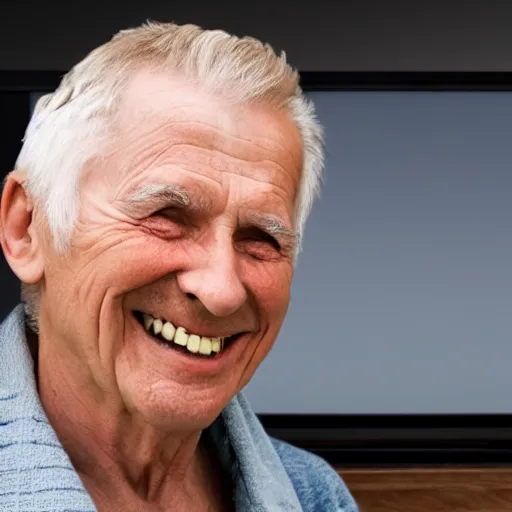 Image similar to a smiling old man on a tv screen