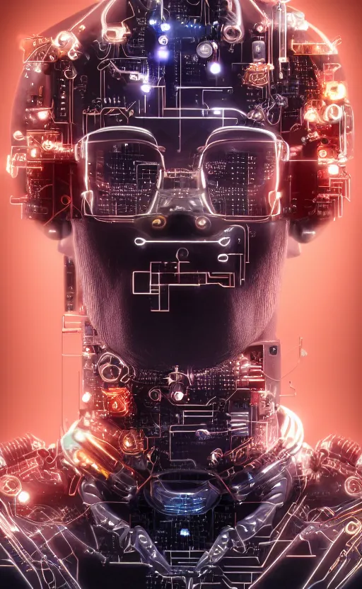 Image similar to a beautiful!! photo of a middle - aged!! bionic!! male!! cyborg, cyberpunk, circuit boards, electronic components, augmented vision, volumetric light, photography, dystopian, extremely detailed, photorealistic!, stunning, digital art trending on artstation, orange, cyan, washed out colors