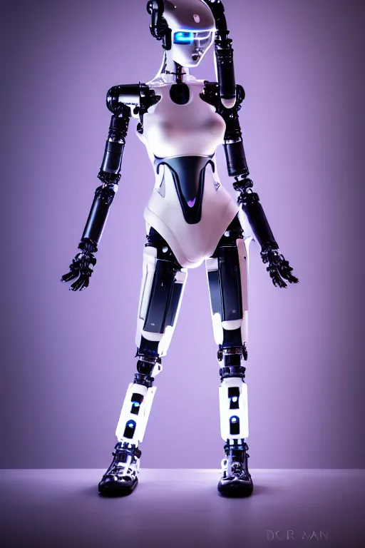 Image similar to cybernetic ultra high tech female robot with cat ears, sci - fi, cyberpunk, high tech, futurism, exoskeleton, symmetry, cinematic, elegant, luxury, perfect light, perfect composition, dlsr photography, sharp focus, 8 k, ultra hd, sense of awe, highly detailed, realistic, intricate, science journal cover